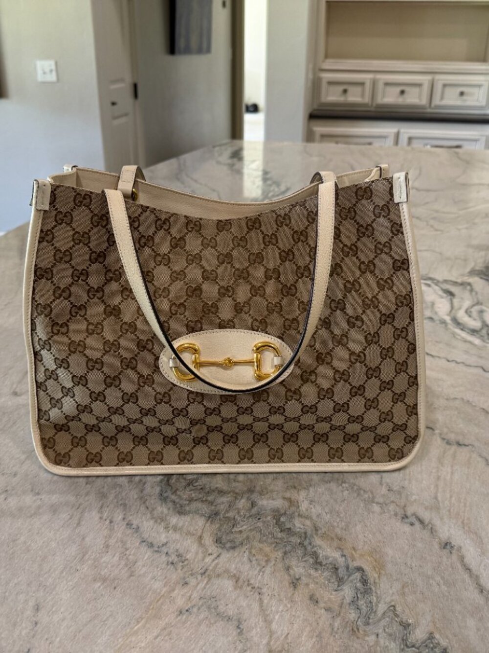 Gucci GG Canvas Horsebit Tote Bag Ivory Leather Trim